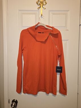 Rafaella Bright Orange Asymmetrical Zip Cowl Neck Pullover